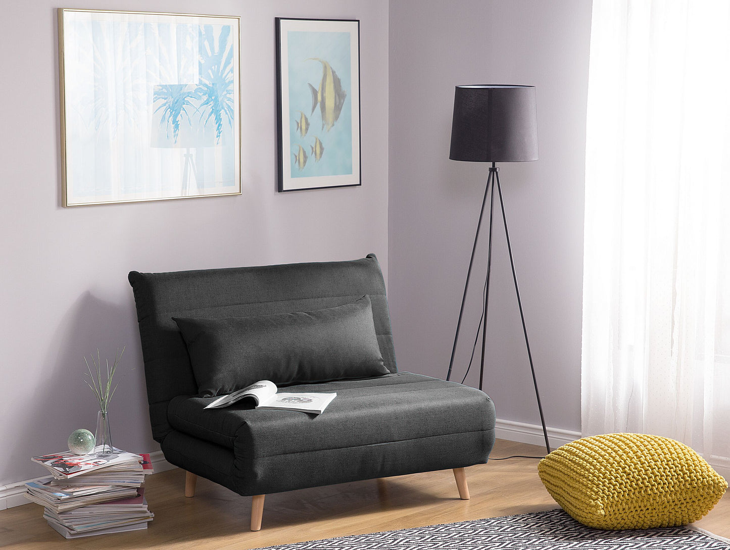 Small Sofa Bed Dark Grey Fabric 1 Seater Fold-Out Sleeper Armless Scandinavian Beliani