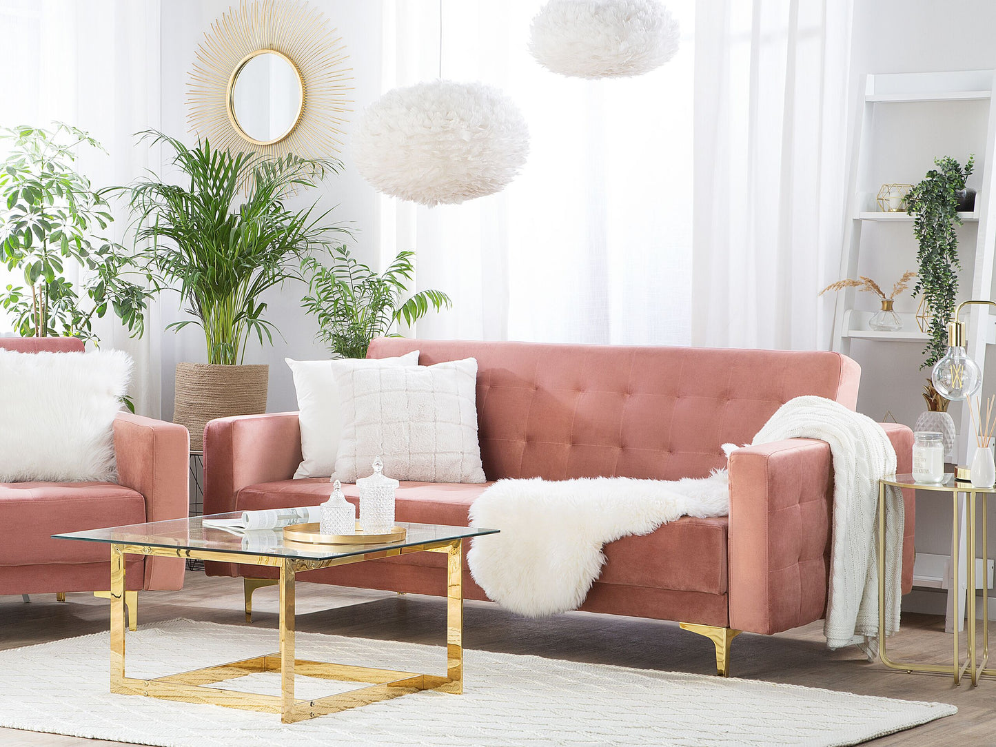 Sofa Bed Pink Velvet Tufted Fabric Modern Living Room Modular 3 Seater Gold Legs Track Arm Beliani