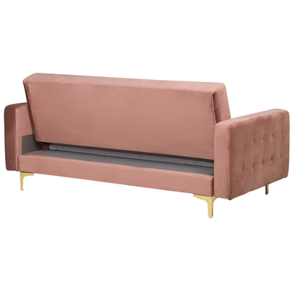Sofa Bed Pink Velvet Tufted Fabric Modern Living Room Modular 3 Seater Gold Legs Track Arm Beliani