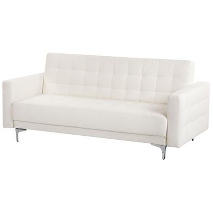 Sofa Bed White Faux Leather Tufted Modern Living Room Modular 3 Seater Silver Legs Track Arm Beliani