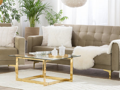 Sofa Bed Beige Velvet Tufted Fabric Modern Living Room Modular 3 Seater Gold Legs Track Arm Beliani