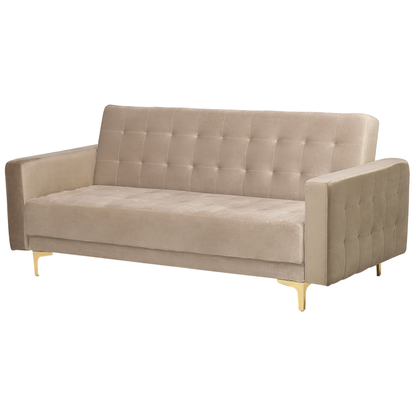 Sofa Bed Beige Velvet Tufted Fabric Modern Living Room Modular 3 Seater Gold Legs Track Arm Beliani
