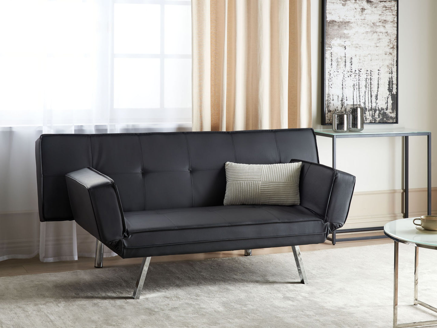3 Seater Sofa Bed Black Upholstered Faux Leather Polyester Fabric Armless Modern Beliani