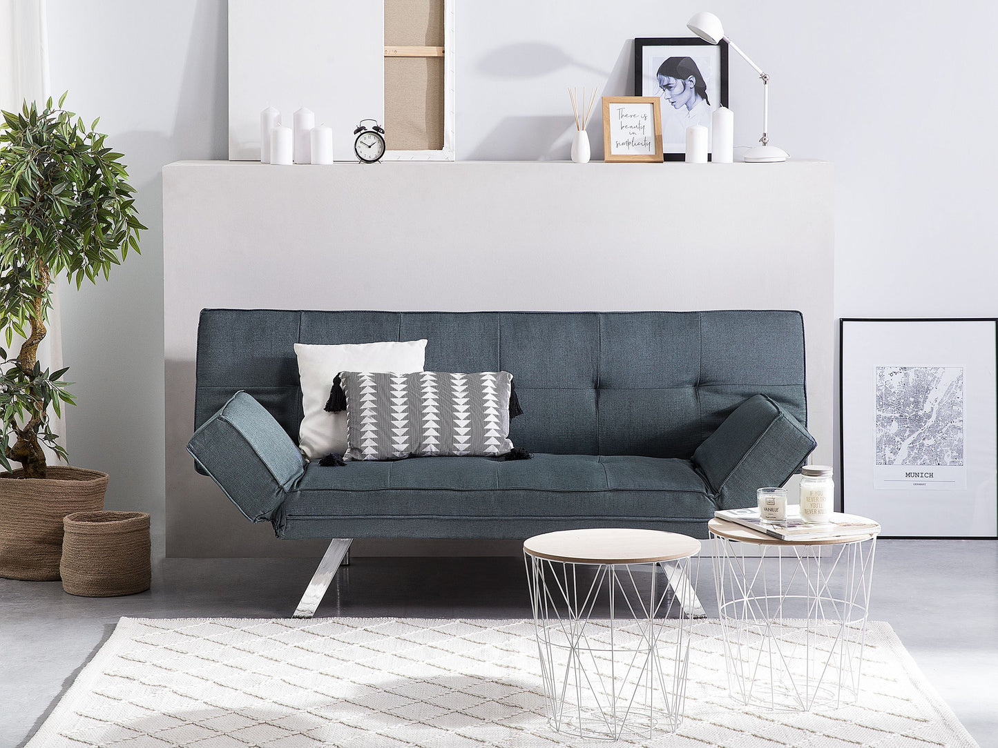 3 Seater Sofa Bed Dark Blue Upholstered Armless Modern Beliani