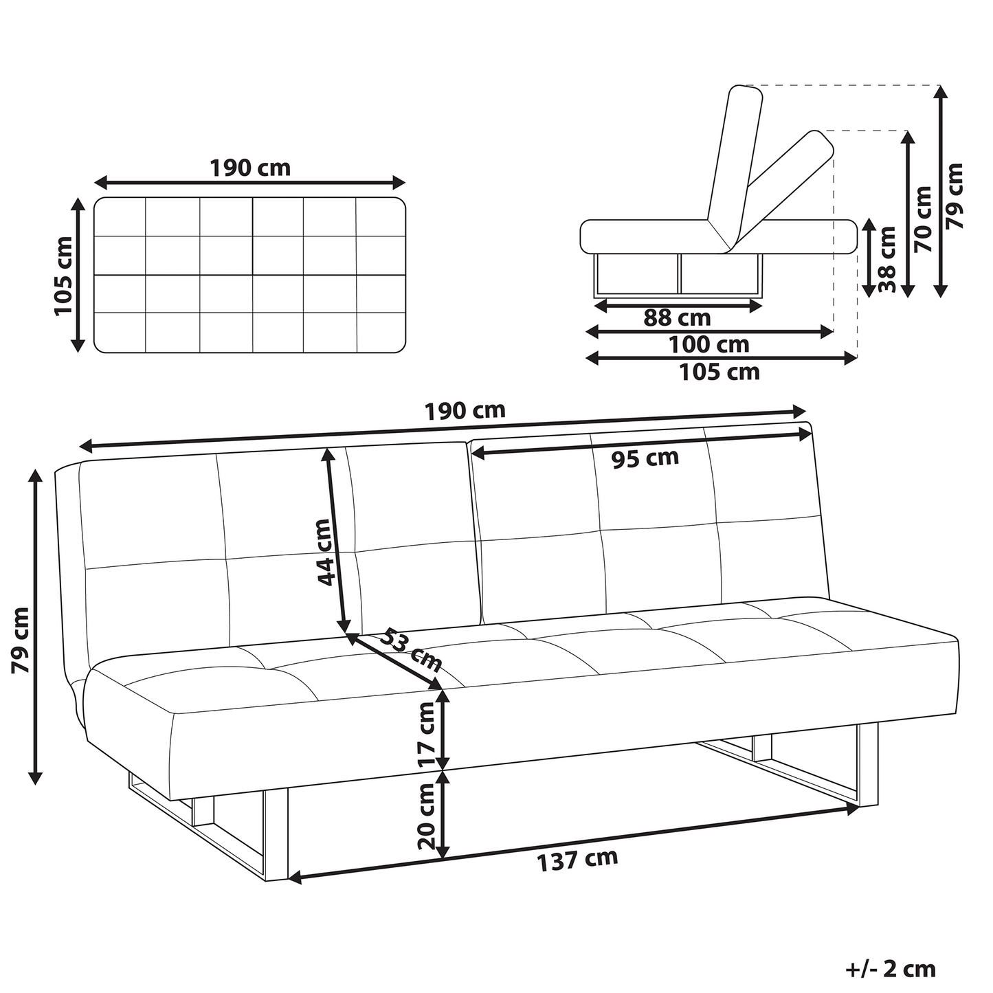 Sofa Bed Beige Fabric Upholstery 3 Seater Reclining Split Backrest Beliani