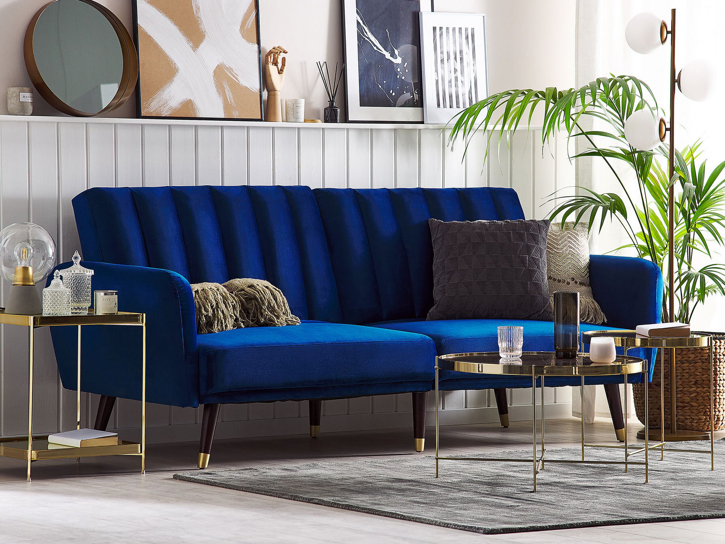 Sofa Bed Navy Blue Sleeper Convertible Velvet Upholstery Elegant Glam Modern Living Room Bedroom Beliani
