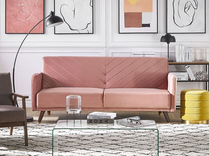 Sofa Bed Pink Velvet Fabric Retro Living Room 3 Seater Wooden Legs Track Arms Beliani