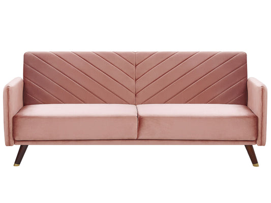 Sofa Bed Pink Velvet Fabric Retro Living Room 3 Seater Wooden Legs Track Arms Beliani