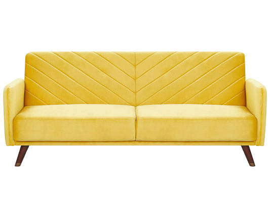 Sofa Bed Yellow Velvet Fabric Retro Living Room 3 Seater Wooden Legs Track Arms Beliani