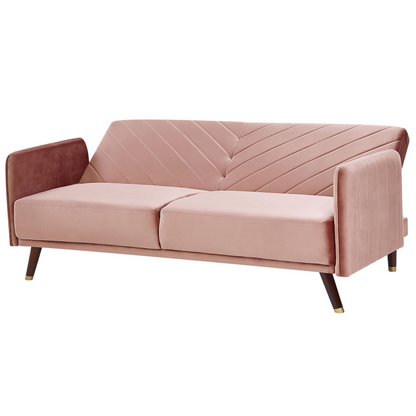 Sofa Bed Pink Velvet Fabric Retro Living Room 3 Seater Wooden Legs Track Arms Beliani
