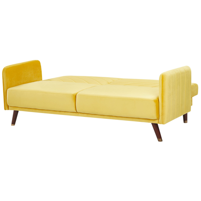 Sofa Bed Yellow Velvet Fabric Retro Living Room 3 Seater Wooden Legs Track Arms Beliani