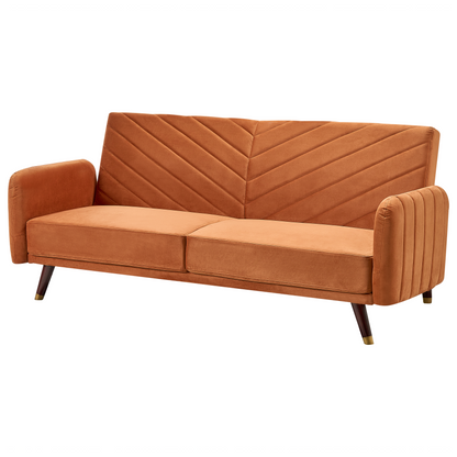 Sofa Bed Orange Velvet Fabric Retro Living Room 3 Seater Wooden Legs Track Arms Beliani