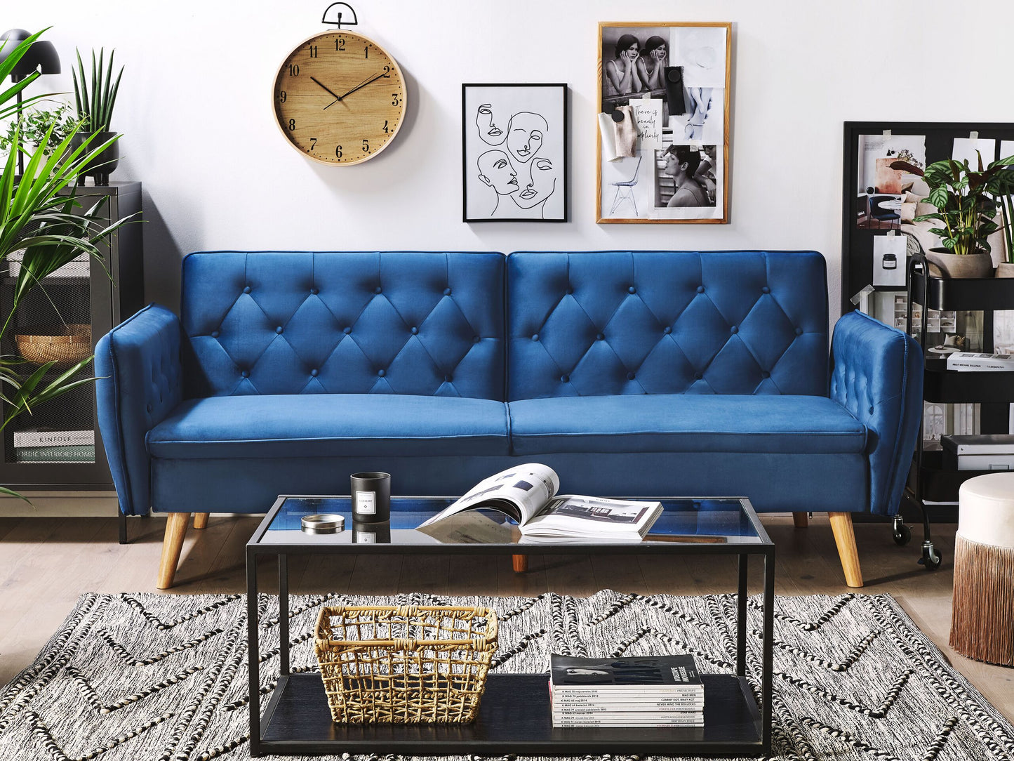 Sofa Bed Navy Blue Velvet Upholstered Convertible Couch Modern Design Buttoned Backrest  Beliani