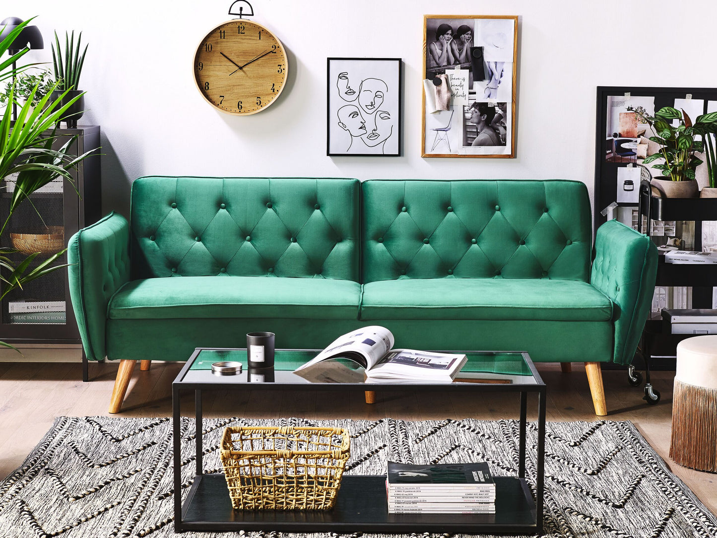 Sofa Bed Dark Green Velvet Upholstered Convertible Couch Modern Design Buttoned Backrest  Beliani