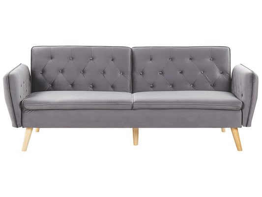 Sofa Bed Grey Velvet Upholstered Convertible Couch Modern Design Buttoned Backrest  Beliani