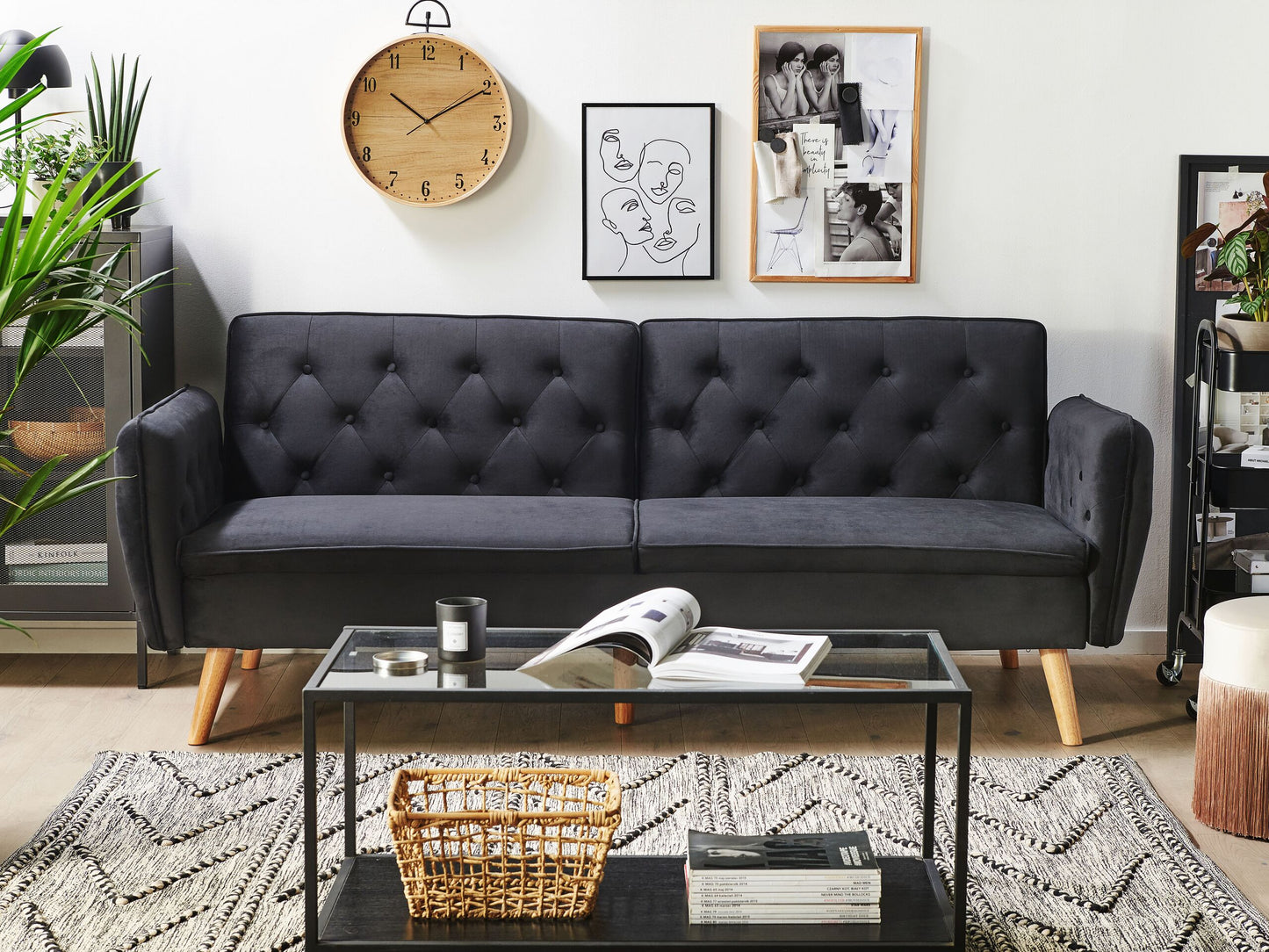 Sofa Bed Black Velvet Upholstered Convertible Couch Modern Design Buttoned Backrest  Beliani