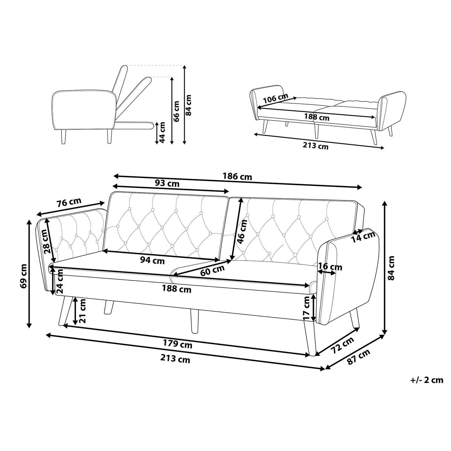 Sofa Bed Black Velvet Upholstered Convertible Couch Modern Design Buttoned Backrest  Beliani