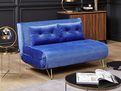 Sofa Bed Navy Blue Velvet 2 Seater Fold-Out Sleeper Armless With 2 Cushions Metal Gold Legs Glamour Beliani