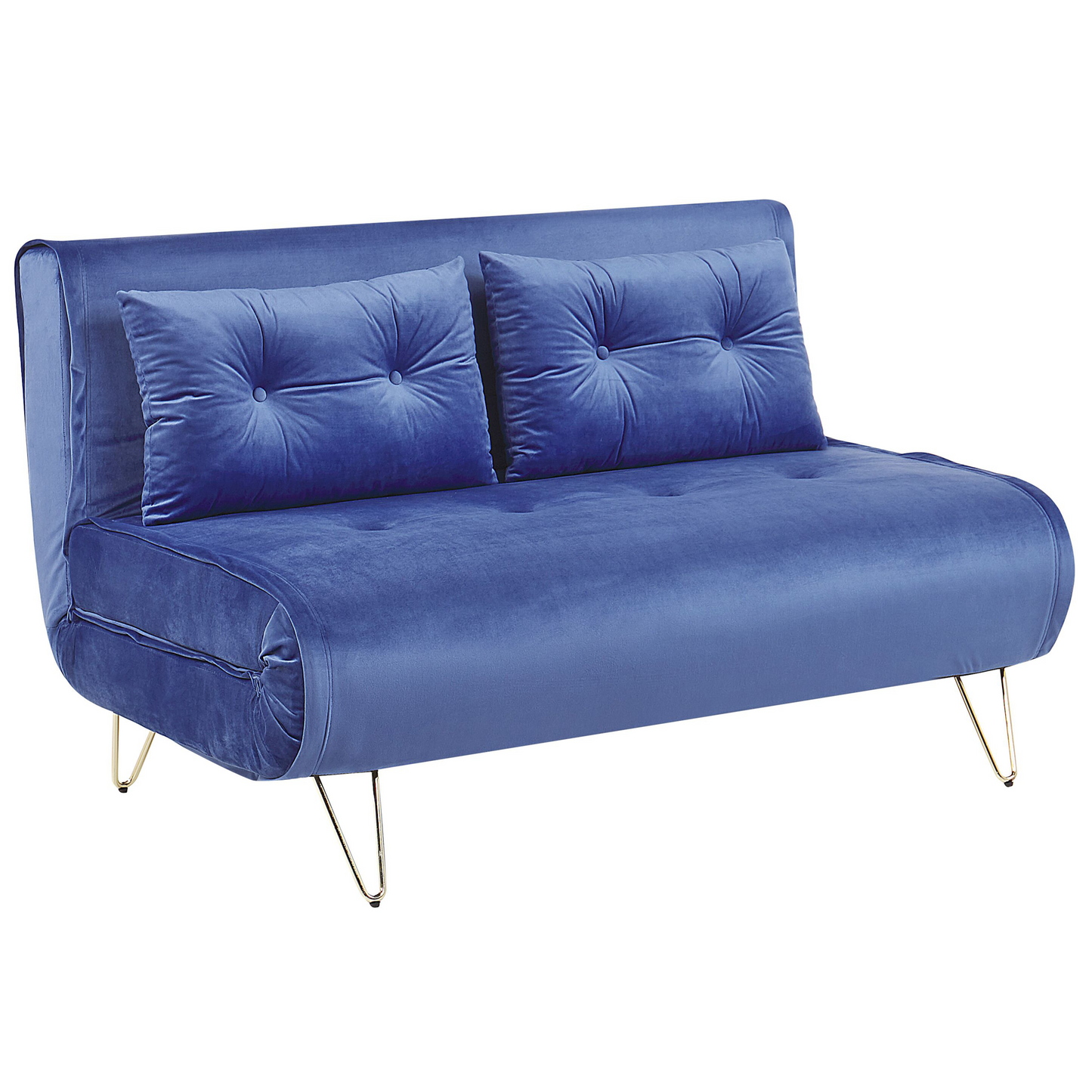Sofa Bed Navy Blue Velvet 2 Seater Fold-Out Sleeper Armless With 2 Cushions Metal Gold Legs Glamour Beliani