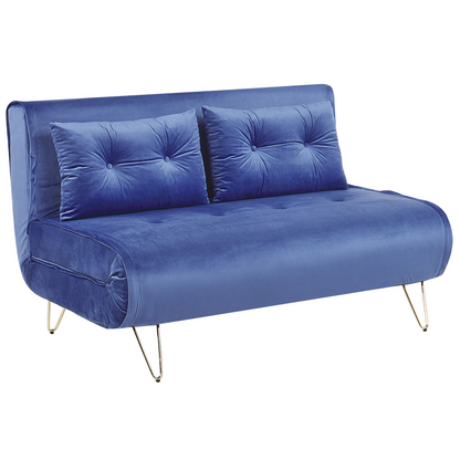 Sofa Bed Navy Blue Velvet 2 Seater Fold-Out Sleeper Armless With 2 Cushions Metal Gold Legs Glamour Beliani