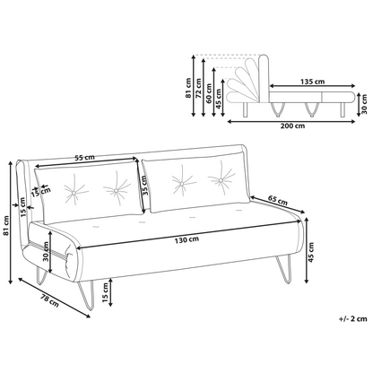 Sofa Bed Grey Velvet 2 Seater Fold-Out Sleeper Armless With 2 Cushions Metal Gold Legs Glamour Beliani