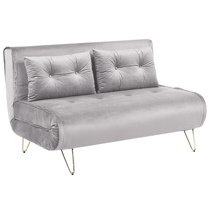 Sofa Bed Grey Velvet 2 Seater Fold-Out Sleeper Armless With 2 Cushions Metal Gold Legs Glamour Beliani
