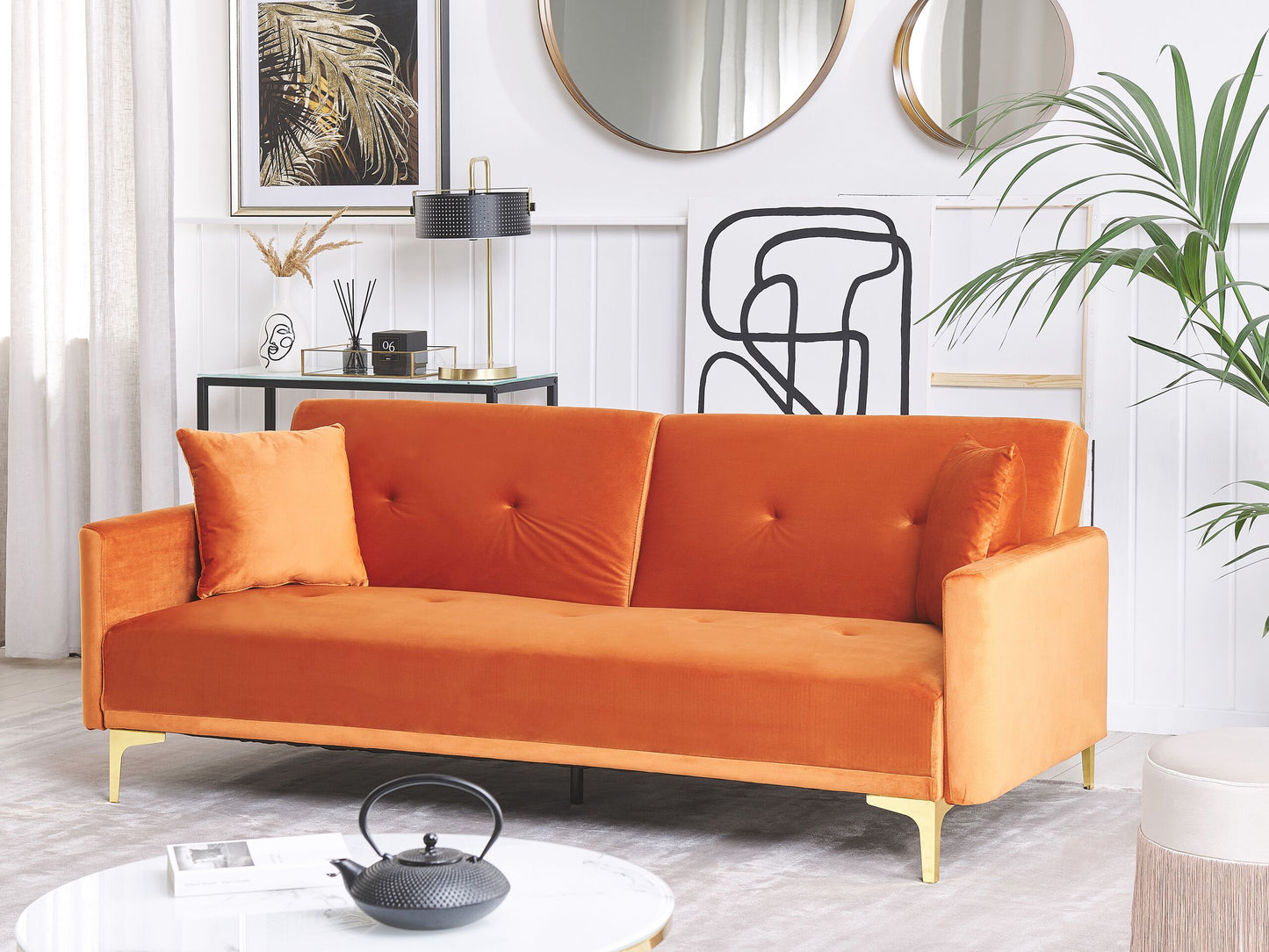 Sofa Bed Orange Velvet 3 Seater Buttoned Seat Click Clack Traditional Living Room Beliani