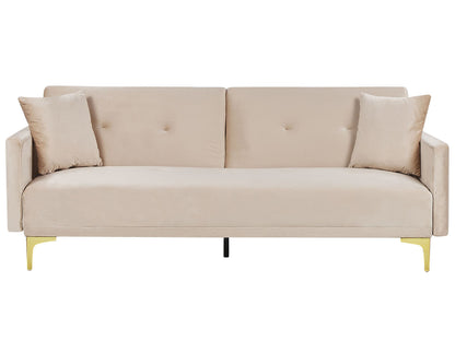 Sofa Bed Beige Velvet 3 Seater Buttoned Seat Click Clack Traditional Living Room Beliani