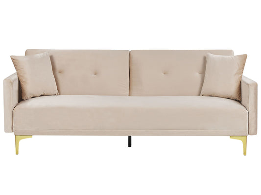 Sofa Bed Beige Velvet 3 Seater Buttoned Seat Click Clack Traditional Living Room Beliani