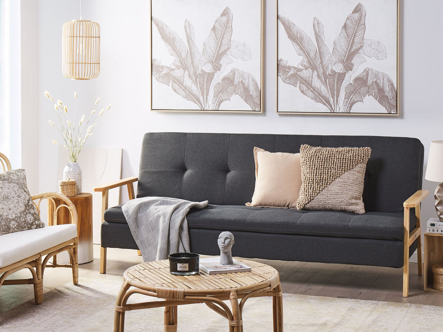 Sofa Bed Grey Fabric Upholstered 3 Seater Click Clack Bed Wooden Frame and Armrests Beliani