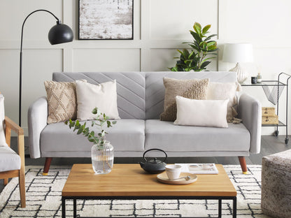 Sofa Bed Light Grey Velvet Fabric Modern Living Room 3 Seater Wooden Legs Track Arm Beliani